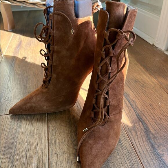 New Good American Lace Up Ankle Boots Tobacco Suede Pointed Toe - Picture 4 of 8